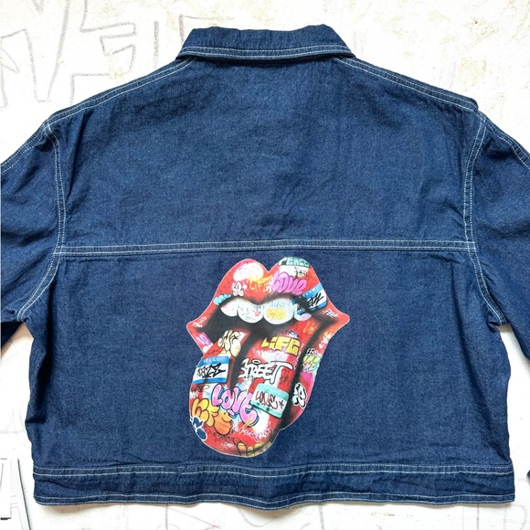 Denim Jacket with The Rolling Stones Transfer Sticker Print on the Back. - Picture 1 of 8